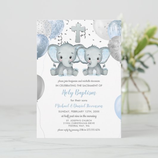 Elephant Balloons Waterverf Baptisme Kaart (Staand voorkant)