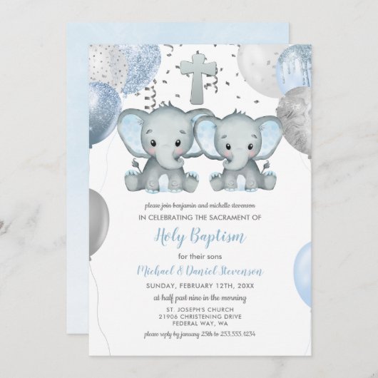 Elephant Balloons Waterverf Baptisme Kaart (Voorkant / Achterkant)