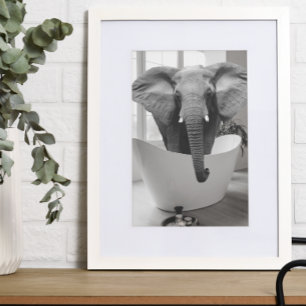 Elephant Bathtub Black White Bathroom art Poster