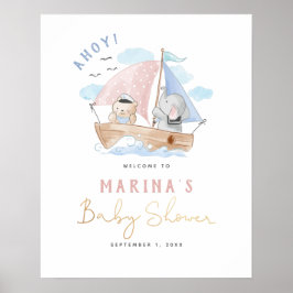 Elephant & Bear Sailboat Baby Shower Welcome Sign Poster