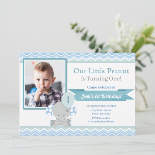 Elephant Birthday Invitation, Boy 1st Birthday Inv Kaart (Staand voorkant)