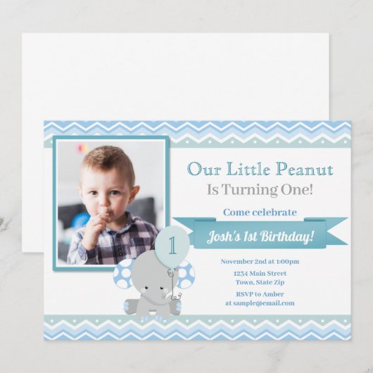 Elephant Birthday Invitation, Boy 1st Birthday Inv Kaart (Voorkant / Achterkant)