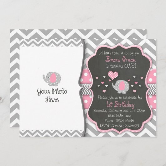 Elephant Birthday Invitation| Chalkboard Invite Kaart (Voorkant / Achterkant)