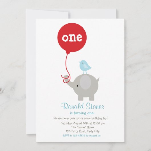 Elephant Birthday Invitation for Red Balloon Kaart (Voorkant)