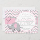 Elephant Birthday Invitation, Pink and Grey Kaart (Voorkant)