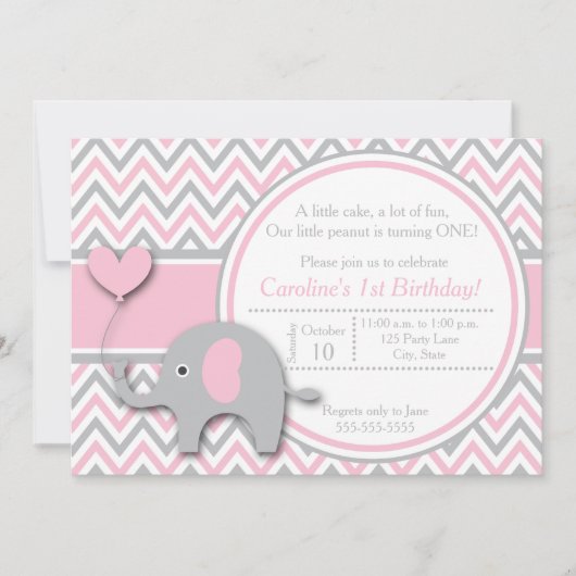 Elephant Birthday Invitation, Pink and Grey Kaart (Voorkant)