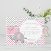 Elephant Birthday Invitation, Pink and Grey Kaart (Staand voorkant)