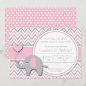 Elephant Birthday Invitation, Pink and Grey Kaart (Voorkant / Achterkant)