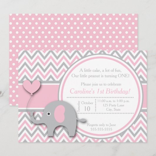 Elephant Birthday Invitation, Pink and Grey Kaart (Voorkant / Achterkant)