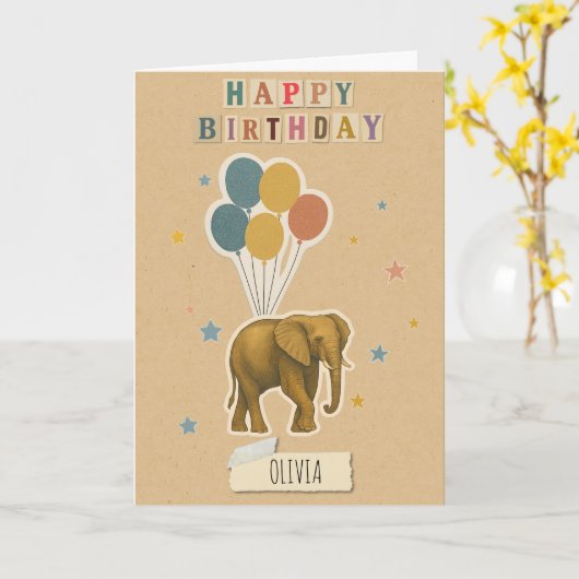Elephant Birthday Kaart - Persoonlijke naam (Gele Bloem)