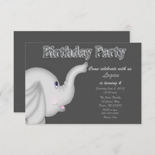 Elephant Birthday Party Invitation Kaart (Voorkant / Achterkant)
