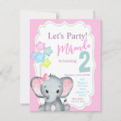 Elephant Birthday-uitnodiging, Girl-verjaardagsuit Kaart (Voorkant)