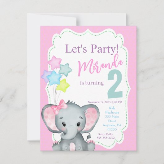 Elephant Birthday-uitnodiging, Girl-verjaardagsuit Kaart (Voorkant)