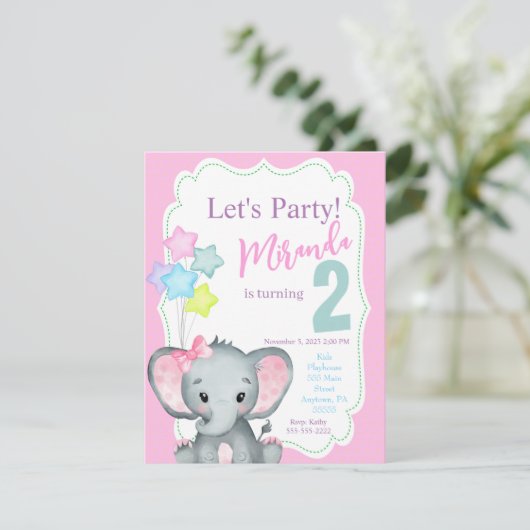 Elephant Birthday-uitnodiging, Girl-verjaardagsuit Kaart (Staand voorkant)