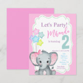 Elephant Birthday-uitnodiging, Girl-verjaardagsuit Kaart (Voorkant / Achterkant)
