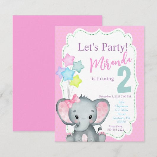 Elephant Birthday-uitnodiging, Girl-verjaardagsuit Kaart (Voorkant / Achterkant)