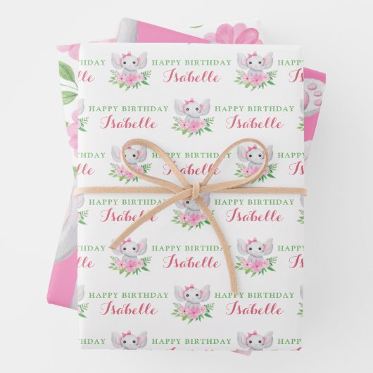 Elephant Birthday Wrapping Paper Sheets (In situ)