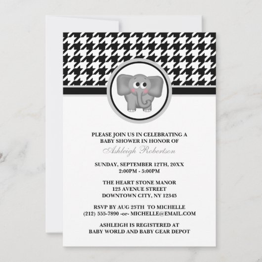Elephant Black & White Houndstooth Baby shower Kaart (Voorkant)