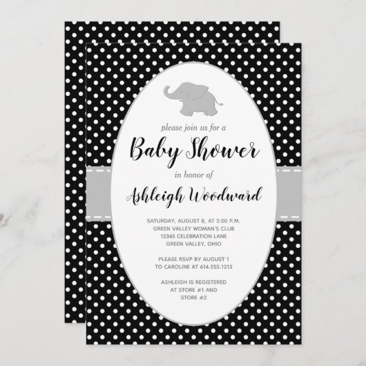 Elephant Black White Polka Dot Baby shower Kaart (Voorkant / Achterkant)