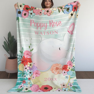 Elephant Blanket met bloemen + aangepaste naam Fleece Deken