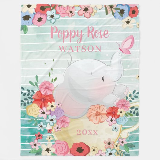 Elephant Blanket met bloemen + aangepaste naam Fleece Deken (Voorkant)