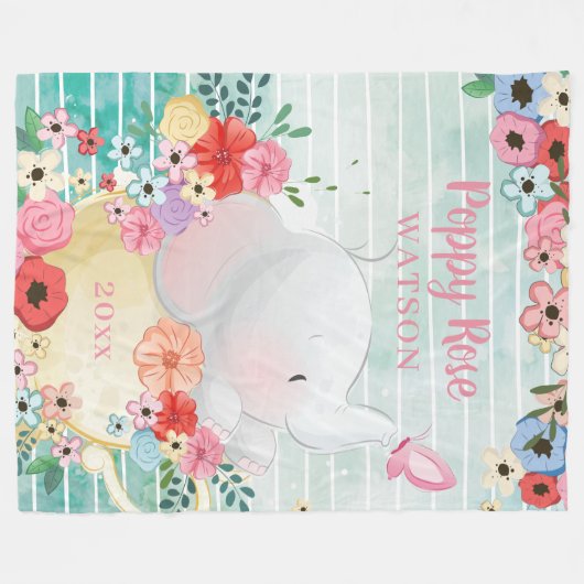 Elephant Blanket met bloemen + aangepaste naam Fleece Deken (Voorkant (Horizontaal))