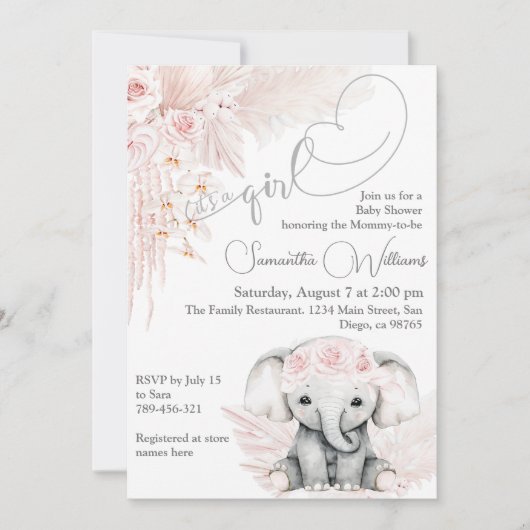 Elephant Blash roze ventilator Boho Baby shower Kaart (Voorkant)