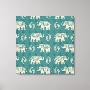 Elephant Blauwgroen Caravan Pattern Canvas Afdruk