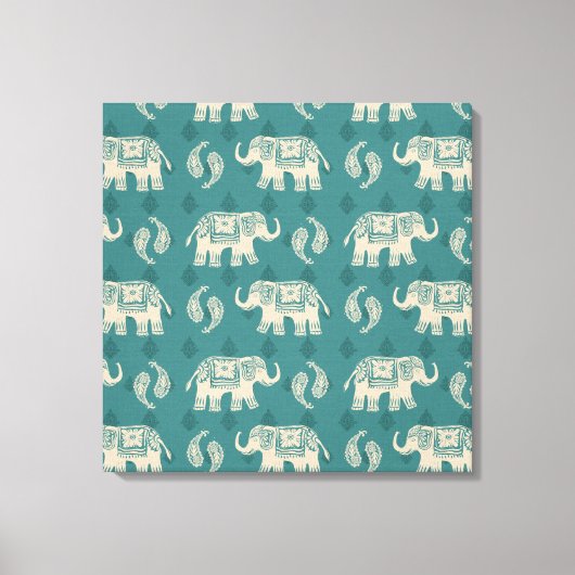 Elephant Blauwgroen Caravan Pattern Canvas Afdruk (Voorkant)