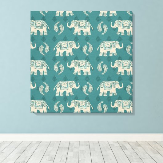 Elephant Blauwgroen Caravan Pattern Canvas Afdruk (Insitu (Houten vloer))