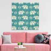 Elephant Blauwgroen Caravan Pattern Canvas Afdruk (Insitu (Woonkamer))
