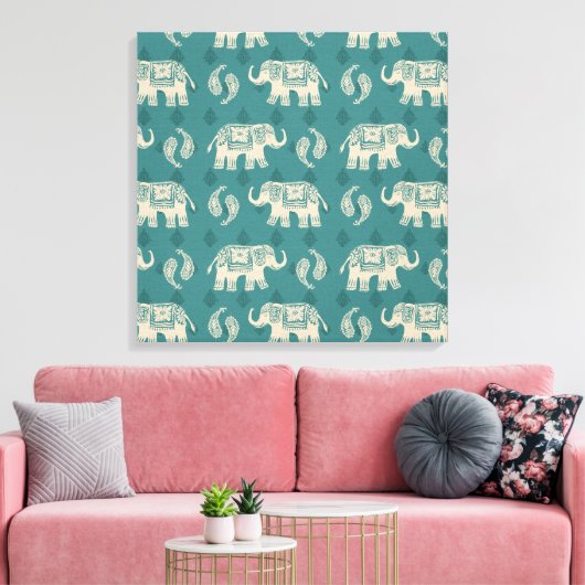 Elephant Blauwgroen Caravan Pattern Canvas Afdruk (Insitu (Woonkamer))
