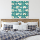 Elephant Blauwgroen Caravan Pattern Canvas Afdruk (Insitu (Slaapkamer))