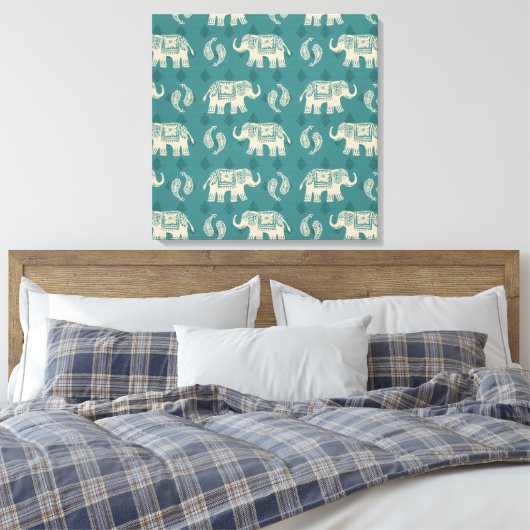 Elephant Blauwgroen Caravan Pattern Canvas Afdruk (Insitu (Slaapkamer))