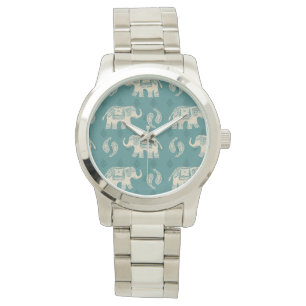 Elephant Blauwgroen Caravan Pattern Horloge