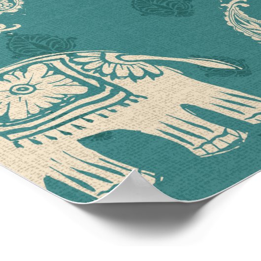 Elephant Blauwgroen Caravan Pattern Poster (Hoek)