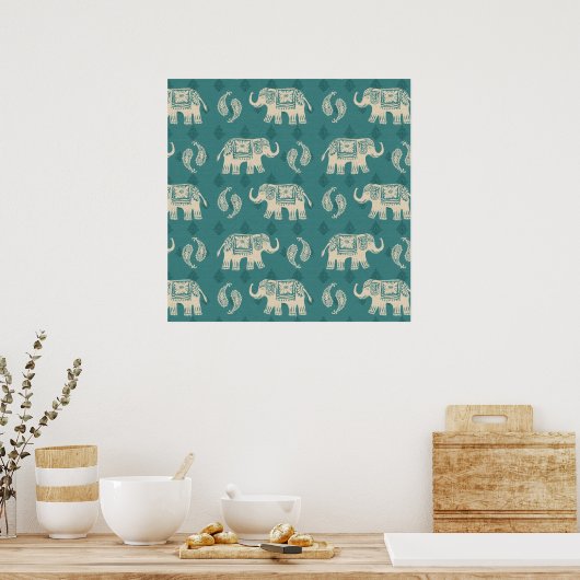 Elephant Blauwgroen Caravan Pattern Poster (Keuken)