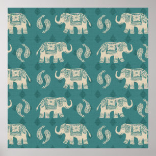 Elephant Blauwgroen Caravan Pattern Poster