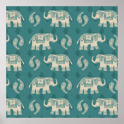 Elephant Blauwgroen Caravan Pattern Poster (Voorkant)