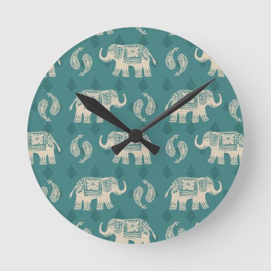 Elephant Blauwgroen Caravan Pattern Ronde Klok (Voorkant)