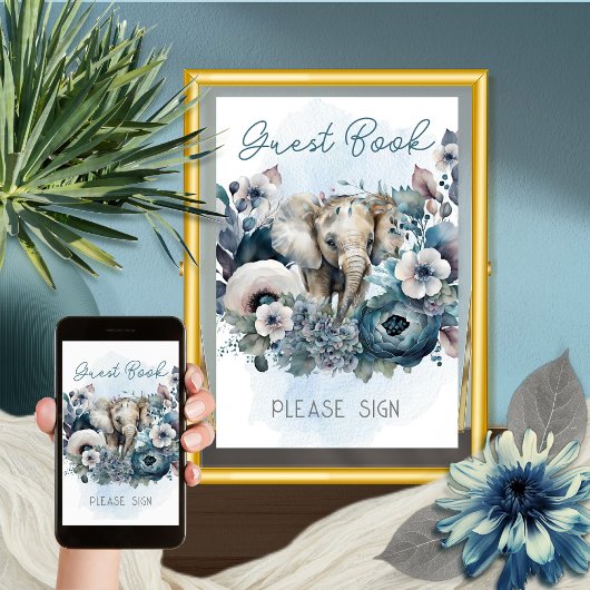 Elephant Blue Baby shower Guest Book Gelieve te on Poster