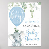 Elephant blue ballonboy baby shower welkomstbord poster (Voorkant)
