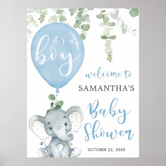 Elephant blue ballonboy baby shower welkomstbord poster (Voorkant)