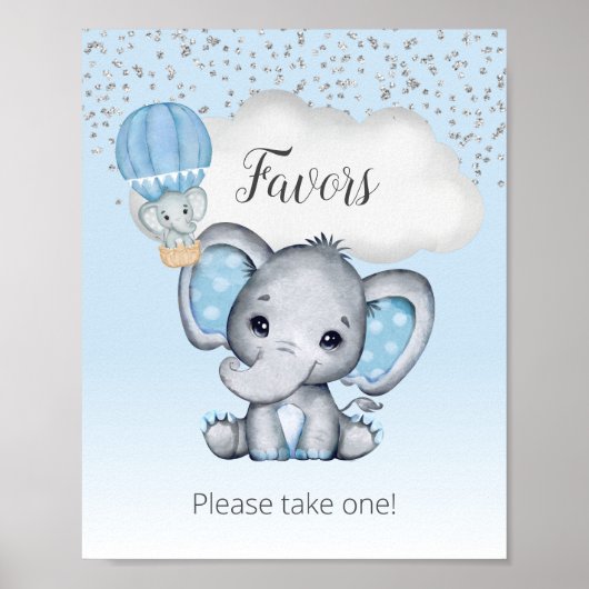 Elephant Blue Balloon Baby shower Favors Sign Poster (Voorkant)