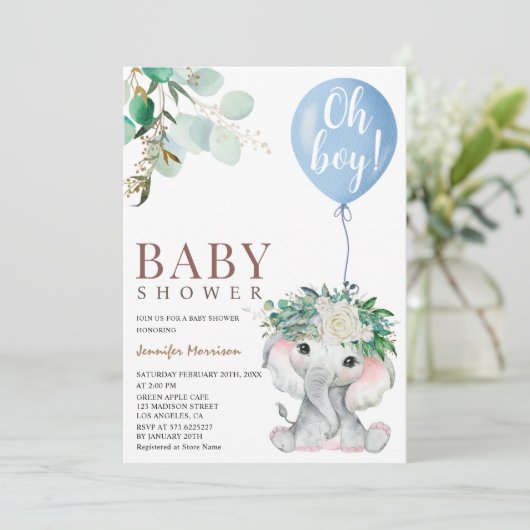 Elephant Blue Balloon Waterverf Baby shower Kaart (Staand voorkant)