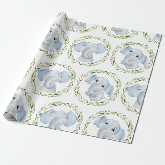 Elephant Blue Boy Baby shower Cadeaupapier (Uitgerold)