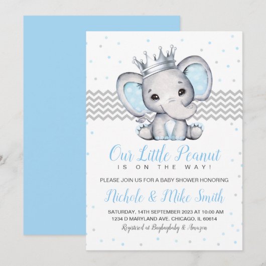 Elephant Blue Boy Baby shower Uitnodiging (Voorkant / Achterkant)