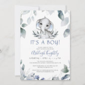 Elephant Blue Boy Baby shower Waterverf Greenery Kaart (Voorkant)