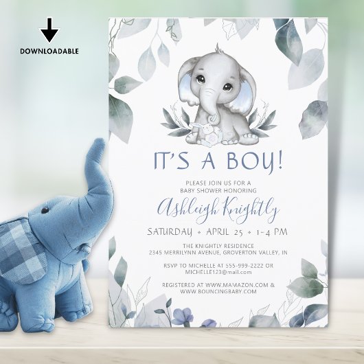 Elephant Blue Boy Baby shower Waterverf Greenery Kaart