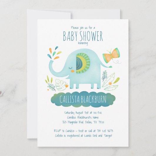 Elephant Blue Boy Schattige Oerwoud Baby shower Kaart (Voorkant)